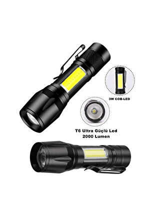 Ultra Çift Yönlü Güçlü Pilli Led El Feneri 2000 Lümen 6W Cob Led Su Geçirmez Zoomlu 3 Modlu