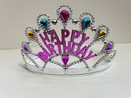 Gümüş Renk Happy Birthday Yazılı Doğum Günü Tacı 60 cm