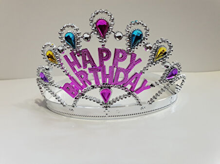 Gümüş Renk Happy Birthday Yazılı Doğum Günü Tacı 60 cm