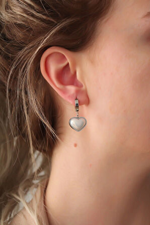 316L Çelik Gümüş Renk Beyaz Bombeli Kalp Küpe - TJ-BKP6316