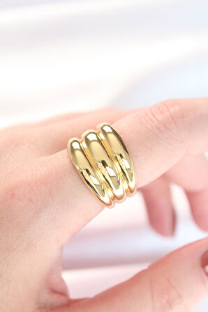 Gold Renk Ayarlanabilir Çizgili Bombe Yüzük - TJ-BYK3119