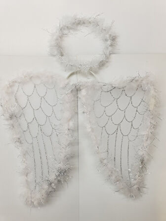 Beyaz Otrişli Dantel Tüllü Peri Kanadı ve Peri Tacı Seti 45x40 cm