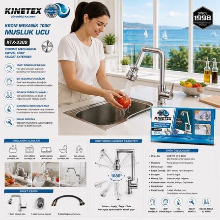 Kinetex KTX-3309 Krom Çok Fonksiyonlu 1080 Derece Musluk Bataryası