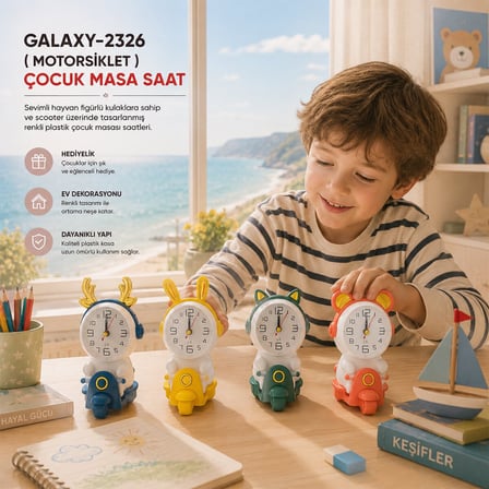 Galaxy 2326 Motosiklet Figürlü Çocuk Masa Saati Renkli- 24'li Paket