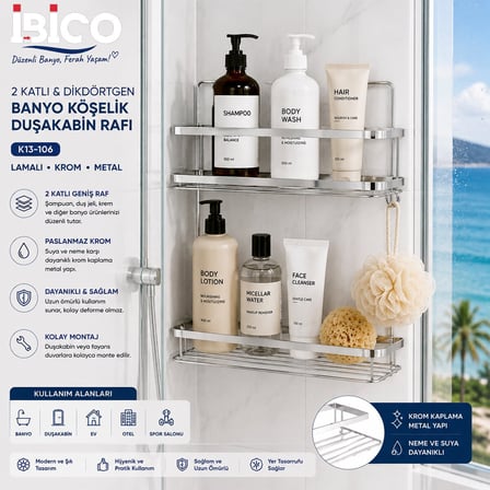 İbico K13-106 Dikdörtgen 2 Katlı Krom Banyo Rafı ve Şampuanlık- 12'li Paket