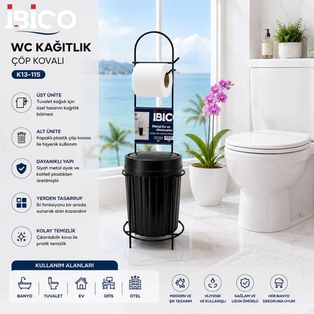 İbico K13-115 Siyah Metal Ayaklı WC Kağıtlık Çöp Kovalı- 10'li Paket