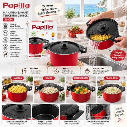Papilla Süzgeçli Makarna ve Mantı Tenceresi 20 cm- 6'li Paket