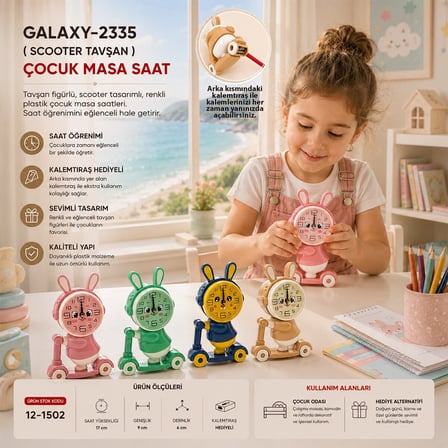 Galaxy 2335 Scooter Tavşan Figürlü Çocuk Masa Saati Kalemtıraşlı- 24'li Paket