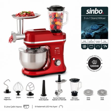Sinbo SMX-2772 Standlı Mikser ve Blender Seti 3 in 1 1500W Kırmızı