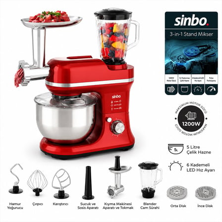 Sinbo SMX-2772 Standlı Mikser ve Blender Seti 3 in 1 1500W Kırmızı