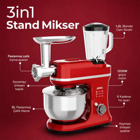 Sinbo SMX-2772 Standlı Mikser ve Blender Seti 3 in 1 1500W Kırmızı