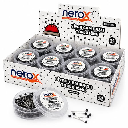 Nerox NRX-1502 Siyah Mini Cam Başlı Başörtü İğnesi Kutulu- 24'li Paket