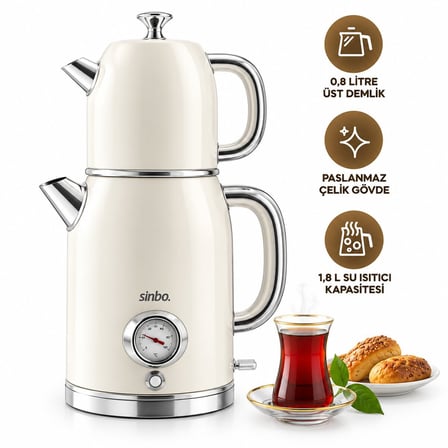 Sinbo STM-5849 Elektrikli Cam Demlikli Retro Çay Makinesi 1600W Krem