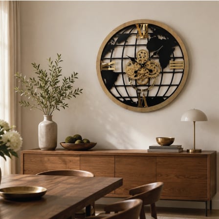 Müjde Concept Yuvarlak Çarklı Mekanizmalı Dünya Tasarımlı Duvar Saati 70 x 70 cm
