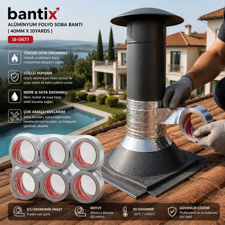 Hasbant HAS-002 Alüminyum Folyo Soba Bandı - 40 mm x 10 Yards- 6'li Paket