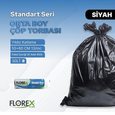 Florex-525 Çöpsar Orta Boy Çöp Torbası 55x60cm (20 Adet)- 50'li Paket