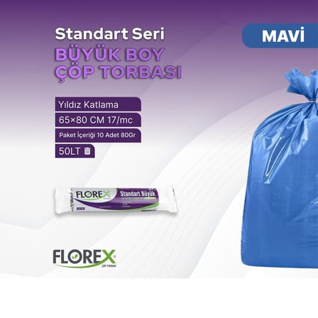 Florex-526 Standart Büyük 65x80 cm Çöp Torbası (10 Adet)- 50'li Paket