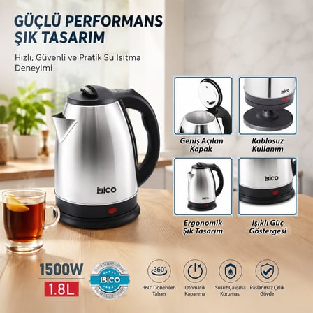 İbico MTF-001 Çelik Kettle Elektrikli Su Isıtıcısı 1.8Lt 1500W