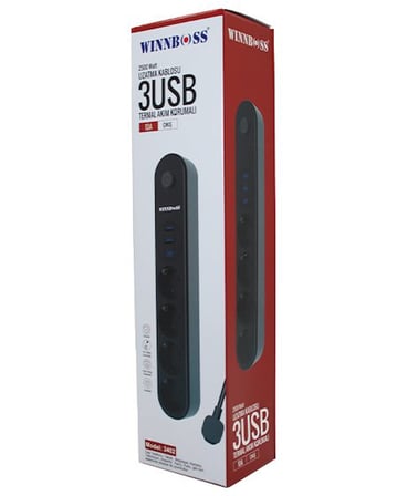 Winnboss 3402 Termal Akım Korumalı 4'lü Priz 3x USB Anahtarlı Uzatma Kablosu 2 m