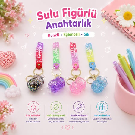 Yakut İM@-6124 Sulu Figürlü Mika Kristal Anahtarlık - Gold Kulplu ve Kancalı- 12'li Paket