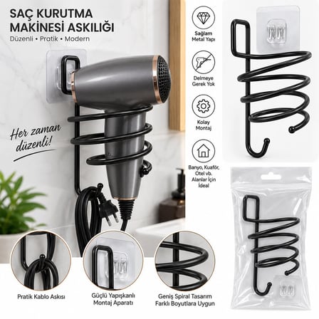 ORSA-915 Siyah Metal Fönlük Fön Makine Askısı (Kare Macun Yapışkanlı) 10x11x15cm- 6'li Paket