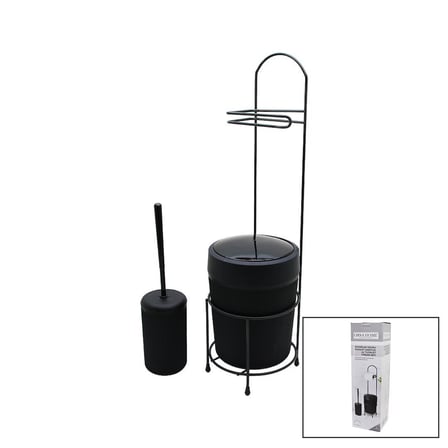Orsa-990 Siyah & Metal Yuvarlak Kovalı WC Kağıtlık & WC Fırça Seti- 4'li Paket