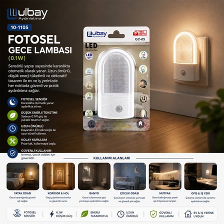 Ulbay GC-05 Oval Fotosel Gece Lambası (0.1W)- 10'li Paket