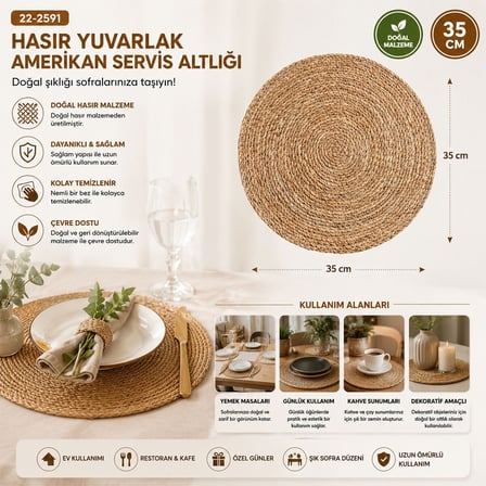 MİR-1538 Hasır 35cm Yuvarlak Amerikan Servis Altı & Supla Altlık