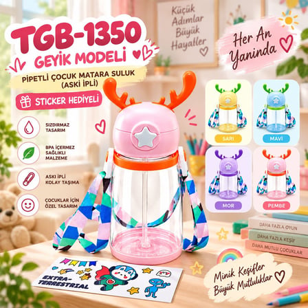 DMR-4156 Geyik Modeli Pipetli Çocuk Matara Suluk (Aski İpli, Sticker Hediyeli)