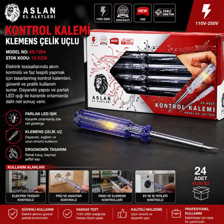 Gold Düz Kontrol Kalemi Klemens Çelik Uçlu- 24'li Paket