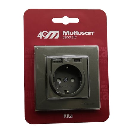 Mutlusan Rita-2220 629 0286 Antrasit USB + Type-C Topraklı Priz Çerçeveli- 8'li Paket