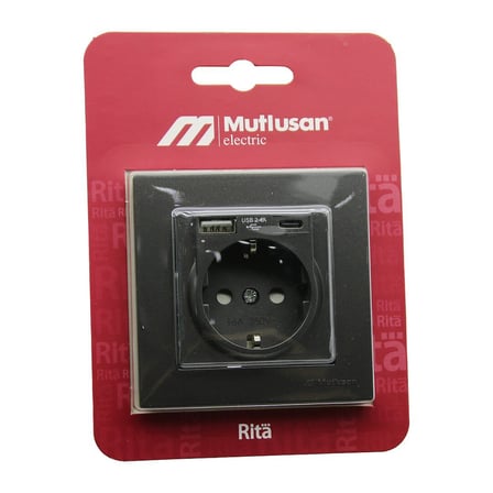 Mutlusan Rita-2220 629 0295 Füme USB + Type-C Topraklı Priz Çerçeveli- 8'li Paket