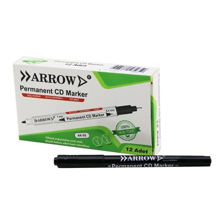 Arrow AK-02 Siyah Çift Uçlu Kalem - Permanent 1 mm ve CD Marker 0.4 mm- 12'li Paket