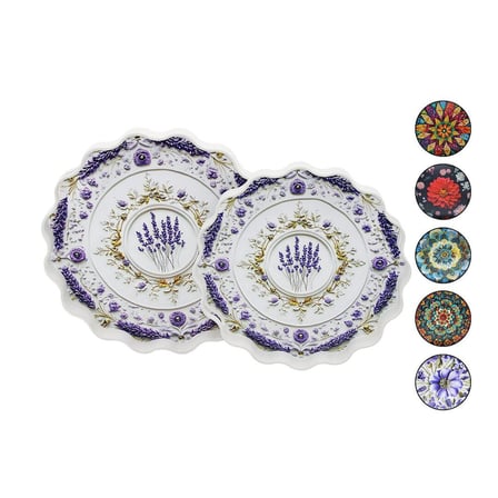 Mennur Home MNR-138 2'li Set Yuvarlak Papatya Tepsi (Kulplu, Renkli Desenli)- 12'li Paket