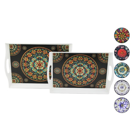 Mennur Home MNR-139 2'li Set Dikdörtgen Lotus Tepsi (Kulplu, Renkli Desenli)- 12'li Paket