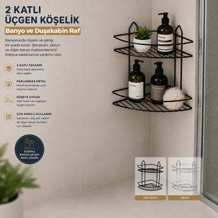 Leva House EKO-2 Metal Banyo Köşeliği - 2 Katlı Üçgen Duşakabin Rafı Siyah- 12'li Paket