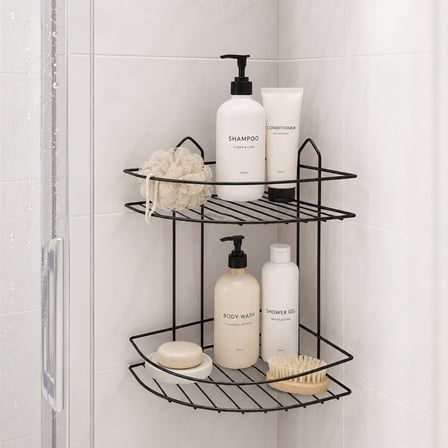 Leva House EKO-2 Metal Banyo Köşeliği - 2 Katlı Üçgen Duşakabin Rafı Siyah- 12'li Paket