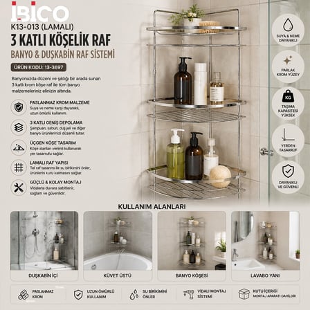 İbico K13-013 Lamalı Banyo Köşelik ve Duşakabin Rafı 3 Katlı Üçgen - Krom Metal- 12'li Paket