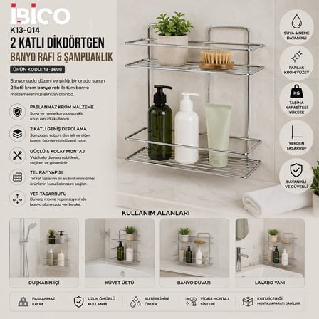 İbico K13-017 Banyo Köşelik Duşakabin Rafı ve Şampuanlık 2 Katlı Dikdörtgen - Krom Metal- 12'li Pake