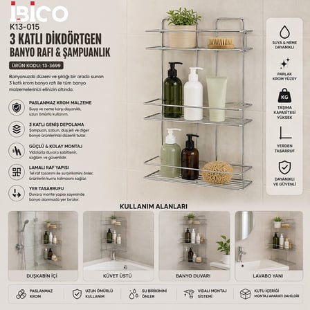 İbico K13-016 Banyo Köşelik Duşakabin Rafı ve Şampuanlık 3 Katlı Dikdörtgen - Krom Metal- 12'li Pake