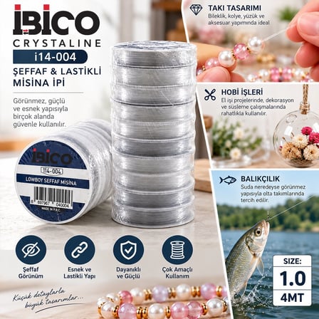 İbico Crystaline İ14-004 Misina İpi - Şeffaf Lastikli 1.0 mm 4 m- 10'li Paket