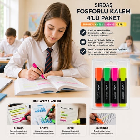 Yuma YM-792-4 Fosforlu Kalem Seti (Turuncu, Yeşil, Sarı, Pembe)