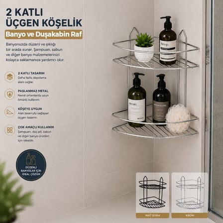 Leva House EKO-2 Krom Metal Banyo Köşeliği - 2 Katlı Üçgen Duşakabin Rafı- 12'li Paket