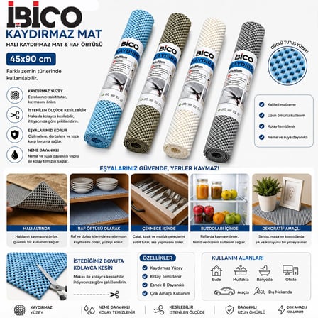 İbico İ13-001 Halı Kaydırmaz Mat & Raf Örtüsü 45x90cm (Mix Renkli)- 12'li Paket