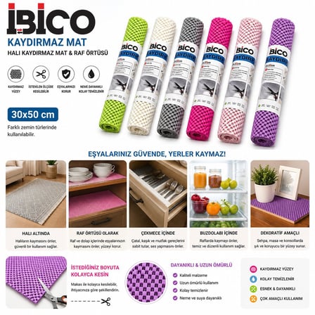 İbico İ21-009 Halı Kaydırmaz Mat & Raf Örtüsü 30x50cm (Mix Renkli)- 12'li Paket