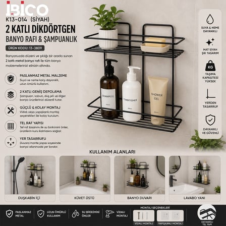 İbico K13-014 Banyo Köşelik Duşakabin Rafı ve Şampuanlık 2 Katlı Dikdörtgen - Siyah Metal- 12'li Pak