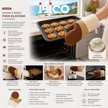 İBİCO İ22-005 Silikon ve Renkli Fırın Eldiveni (Isı Geçirmez)- 12'li Paket