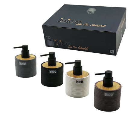 İbico İ21-055 Yuvarlak & Düz Çizgili Bambu & Renkli Plastik Sıvı Sabunluk 350ml- 12'li Paket