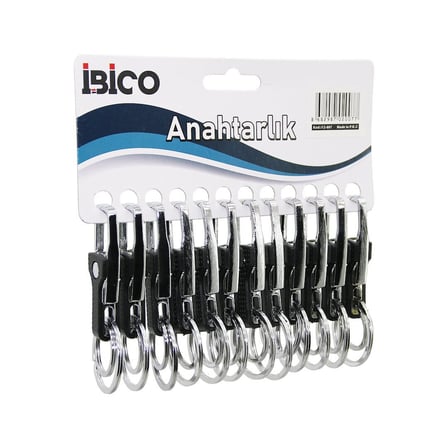 İbico İ12-007 Y Model Gövde Metal Plastik Kaplı Çift Halkalı Anahtarlık Kemer Geçmeli- 12'li Paket