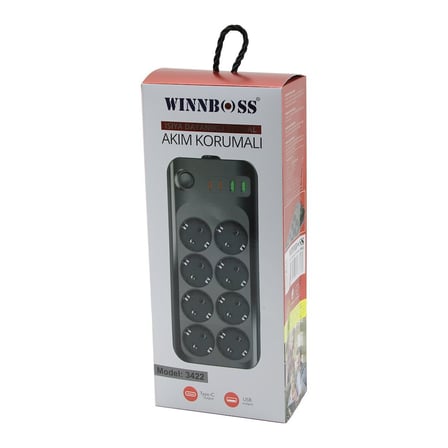 WINNBOSS-3422 TERMAL AKIM & KISA DEVRE KORUMALI (8Lİ PRİZ) (2+2 USB-TYPE-C) (2MT) (ANAHTARLI) UZATMA